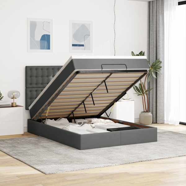 Voodiraam peatsiga koos madratsiga, tumehall, 140 × 190 cm, kangas — mudel 3313321