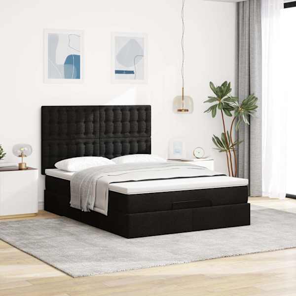 Voodiraam peatsiga koos madratsiga, must, 140 × 190 cm, kangas — mudel 3313322