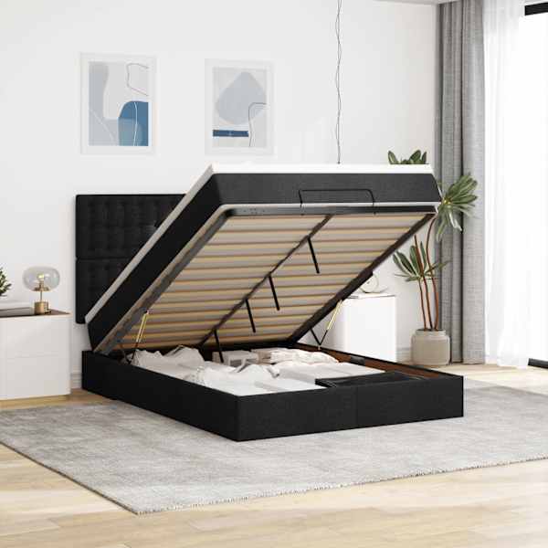 Voodiraam peatsiga koos madratsiga, must, 140 × 190 cm, kangas — mudel 3313322