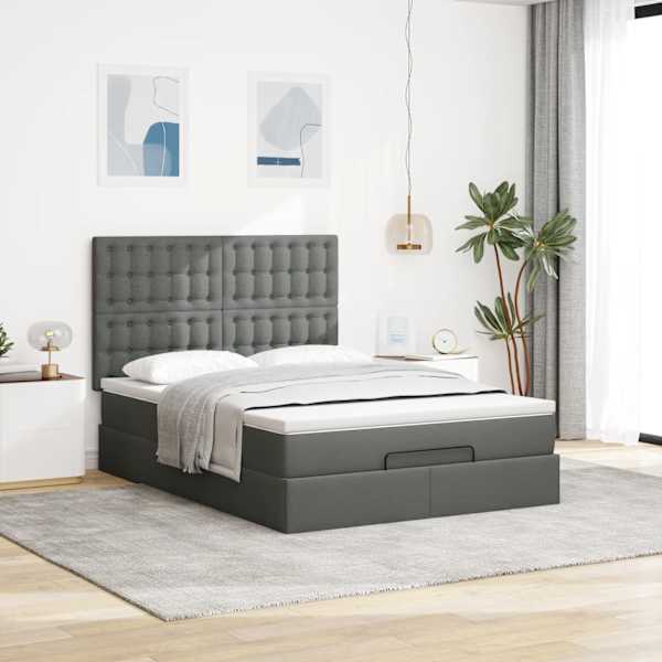 Voodiraam peatsiga koos madratsiga, tumehall, 140 × 200 cm, kangas — mudel 3313328