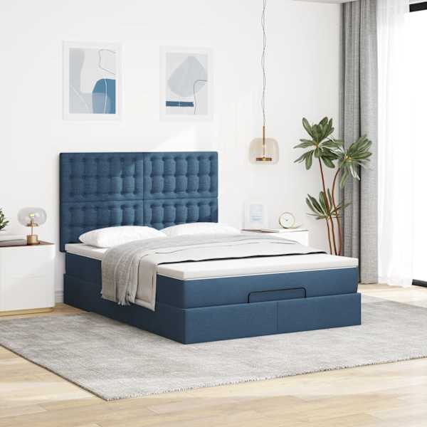 Voodiraam peatsiga koos madratsiga, sinine, 140 × 200 cm, kangas — mudel 3313333