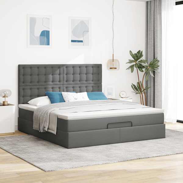 Voodiraam peatsiga koos madratsiga, tumehall, 160 × 200 cm, kangas — mudel 3313335