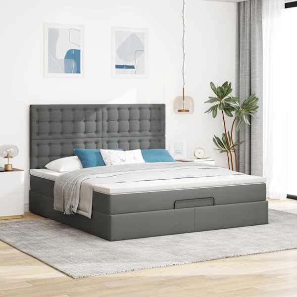 Voodiraam peatsiga koos madratsiga, tumehall, 180 × 200 cm, kangas — mudel 3313342