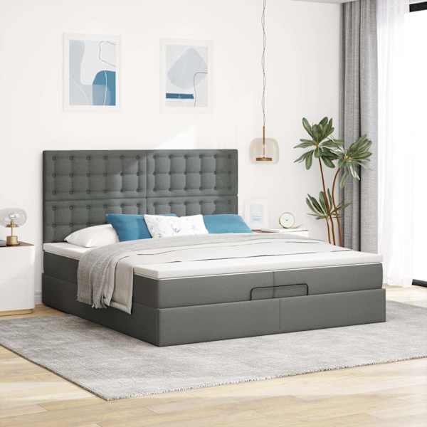 Voodiraam peatsiga koos 2 madratsiga, tumehall, 200 × 200 cm, kangas — mudel 3313349