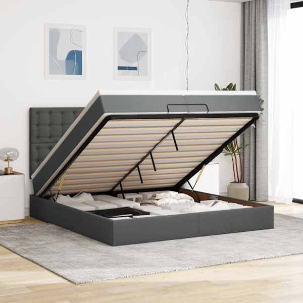 Voodiraam peatsiga koos 2 madratsiga, tumehall, 200 × 200 cm, kangas — mudel 3313349