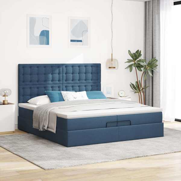 Voodiraam peatsiga koos 2 madratsiga, sinine, 200 × 200 cm, kangas — mudel 3313354