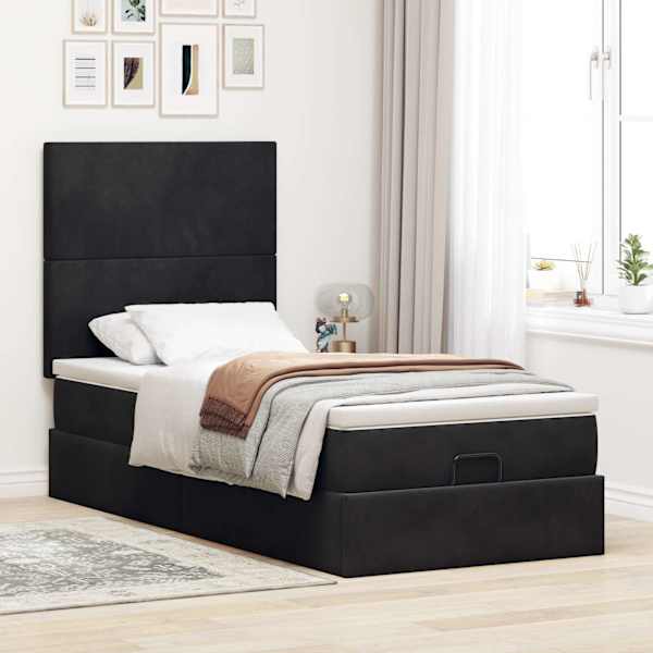 Voodiraam peatsiga koos madratsiga, must, 90 × 190 cm, samet — mudel 3313369