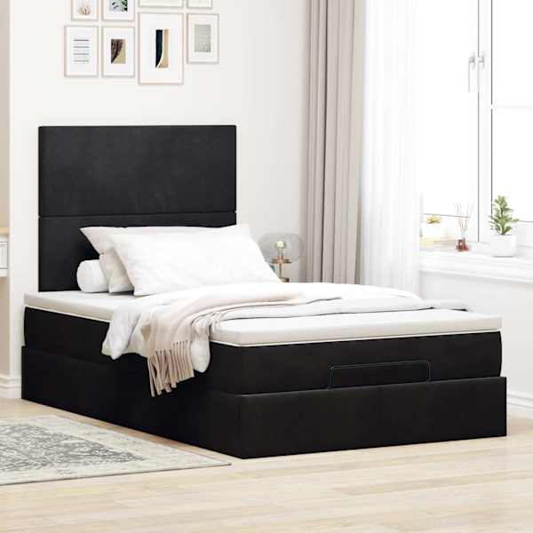 Voodiraam peatsiga koos madratsiga, must, 120 × 190 cm, samet — mudel 3313387
