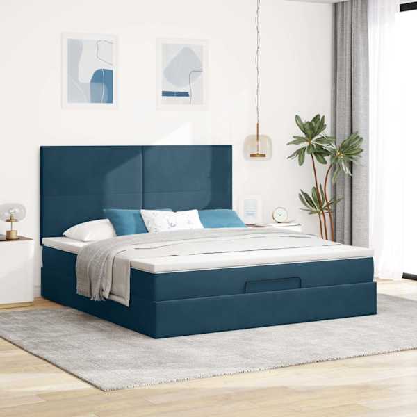 Voodiraam peatsiga koos madratsiga, tumesinine, 180 × 200 cm, samet — mudel 3313419