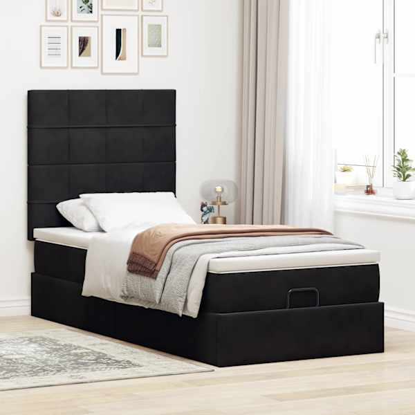 Voodiraam peatsiga koos madratsiga, must, 80 × 200 cm, samet