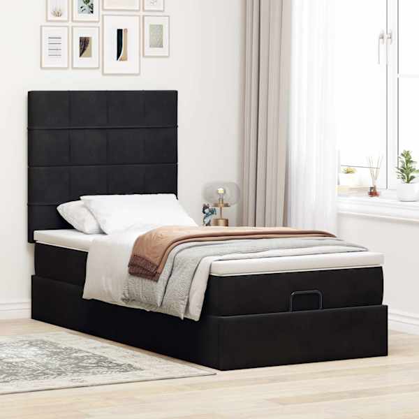 Voodiraam peatsiga koos madratsiga, must, 90 × 200 cm, samet — mudel 3313447