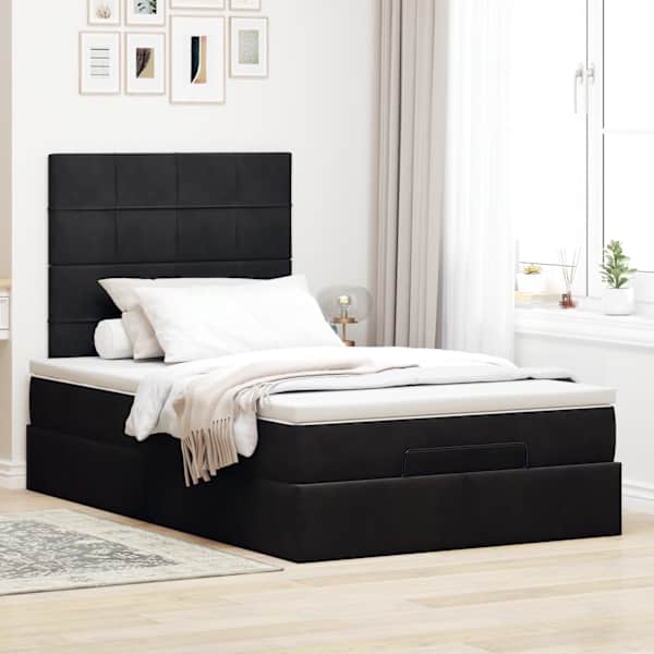 Voodiraam peatsiga koos madratsiga, must, 120 × 190 cm, samet — mudel 3313459