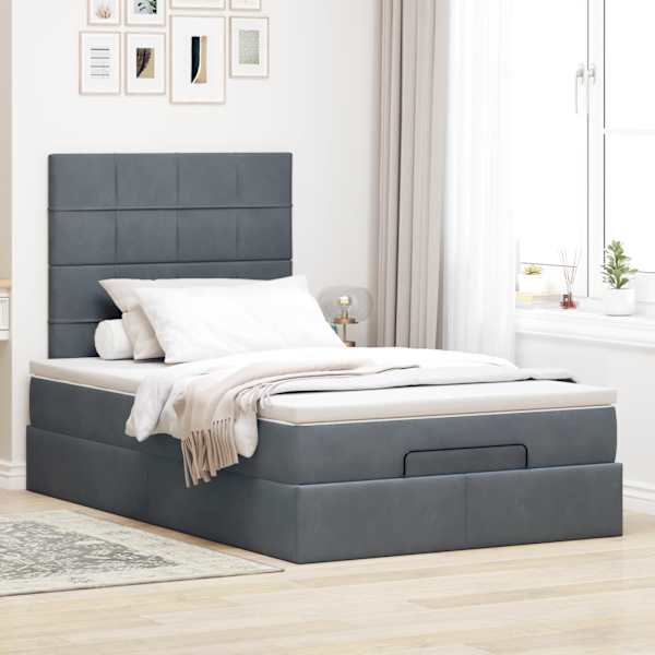 Voodiraam peatsiga koos madratsiga, tumehall, 120 × 200 cm, samet — mudel 3313464