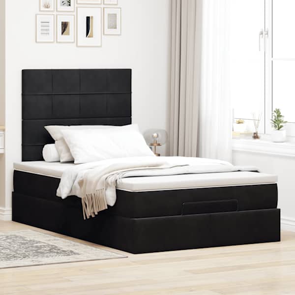 Voodiraam peatsiga koos madratsiga, must, 120 × 200 cm, samet — mudel 3313465