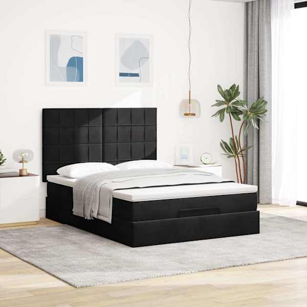 Voodiraam peatsiga koos madratsiga, must, 140 × 190 cm, samet — mudel 3313471