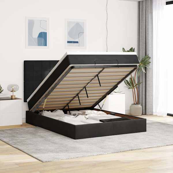 Voodiraam peatsiga koos madratsiga, must, 140 × 190 cm, samet — mudel 3313471