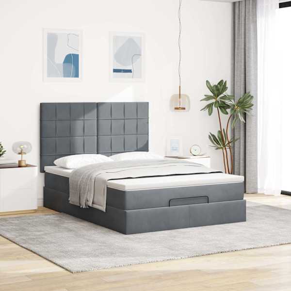Voodiraam peatsiga koos madratsiga, tumehall, 140 × 200 cm, samet — mudel 3313476