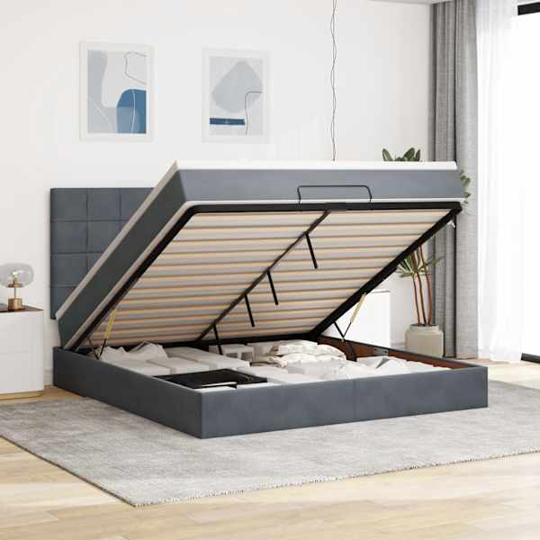 Voodiraam peatsiga koos madratsiga, tumehall, 160 × 200 cm, samet — mudel 3313482