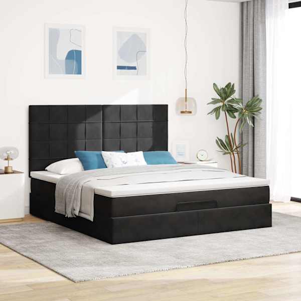 Voodiraam peatsiga koos madratsiga, must, 160 × 200 cm, samet — mudel 3313483