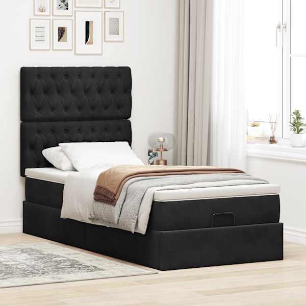 Voodiraam peatsiga koos madratsiga, must, 80 × 200 cm, samet