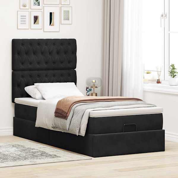 Voodiraam peatsiga koos madratsiga, must, 90 × 200 cm, samet — mudel 3313519