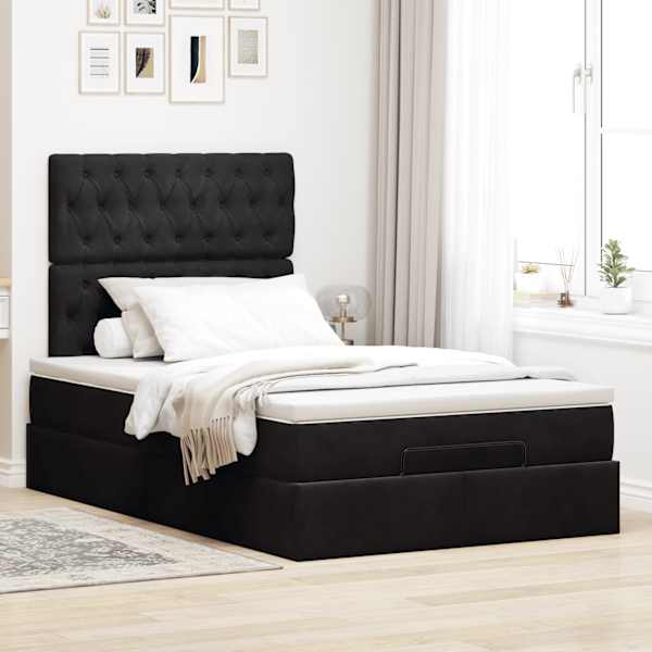 Voodiraam peatsiga koos madratsiga, must, 120 × 190 cm, samet — mudel 3313531
