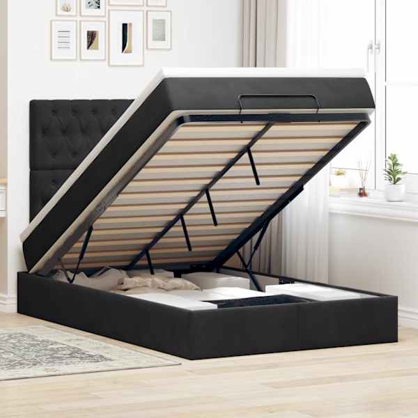 Voodiraam peatsiga koos madratsiga, must, 120 × 190 cm, samet — mudel 3313531