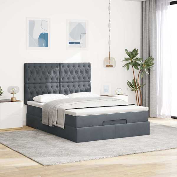 Voodiraam peatsiga koos madratsiga, tumehall, 140 × 190 cm, samet — mudel 3313542