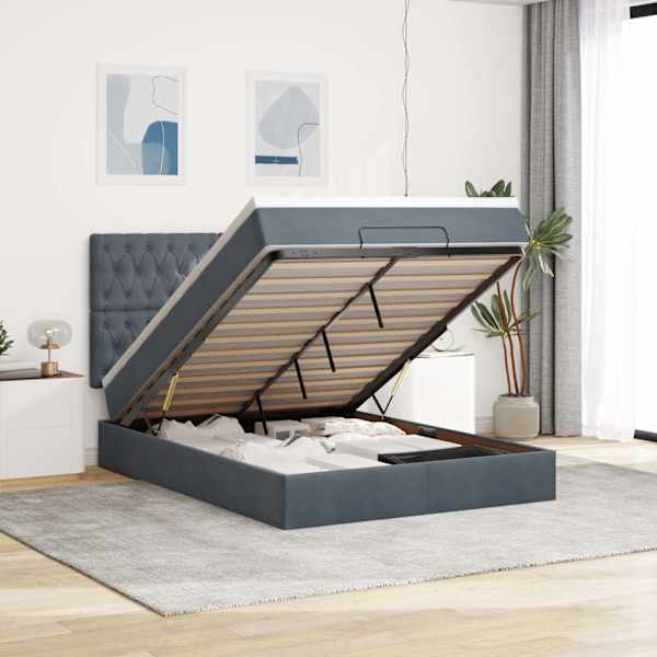 Voodiraam peatsiga koos madratsiga, tumehall, 140 × 200 cm, samet — mudel 3313548