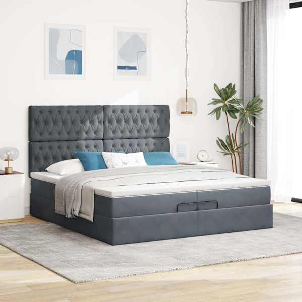 Voodiraam peatsiga koos 2 madratsiga, tumehall, 200 × 200 cm, samet — mudel 3313566