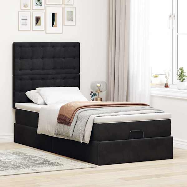 Voodiraam peatsiga koos madratsiga, must, 100 × 200 cm, samet — mudel 3313597