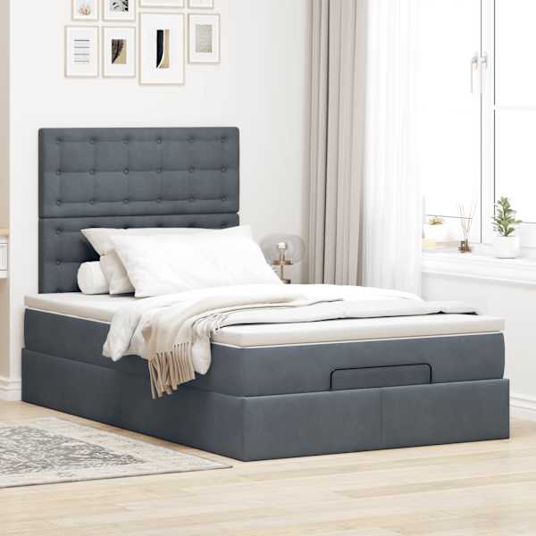 Voodiraam peatsiga koos madratsiga, tumehall, 120 × 190 cm, samet — mudel 3313602