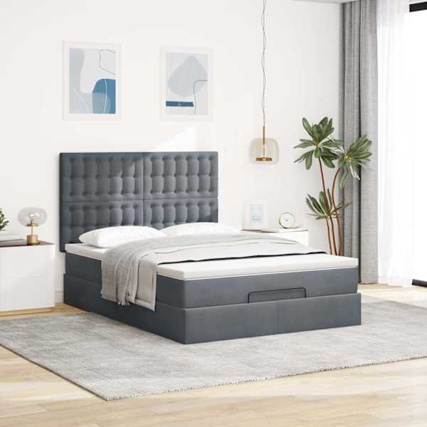 Voodiraam peatsiga koos madratsiga, tumehall, 140 × 190 cm, samet — mudel 3313614