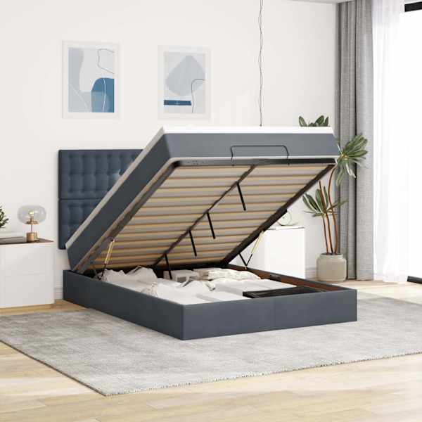 Voodiraam peatsiga koos madratsiga, tumehall, 140 × 190 cm, samet — mudel 3313614