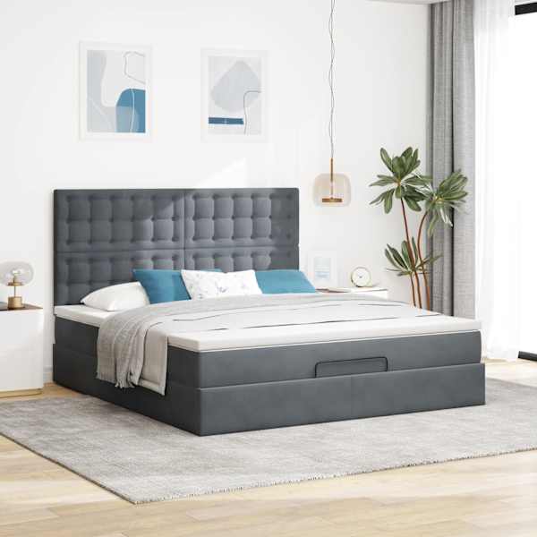 Voodiraam peatsiga koos madratsiga, tumehall, 180 × 200 cm, samet — mudel 3313632