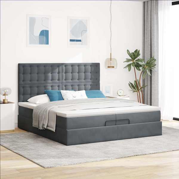 Voodiraam peatsiga koos 2 madratsiga, tumehall, 200 × 200 cm, samet — mudel 3313638