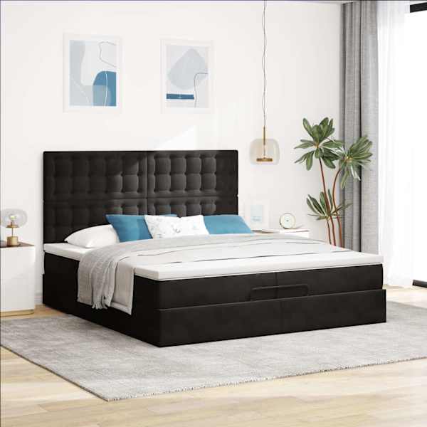 Voodiraam peatsiga koos 2 madratsiga, must, 200 × 200 cm, samet — mudel 3313639