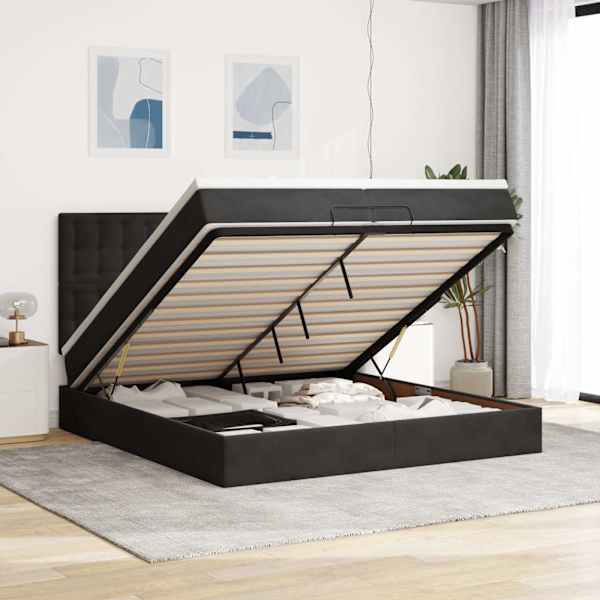 Voodiraam peatsiga koos 2 madratsiga, must, 200 × 200 cm, samet — mudel 3313639