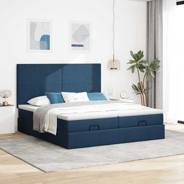 Voodiraam peatsiga koos 2 madratsiga, 2 voodiraami, sinine, 180 × 200 cm, kangas