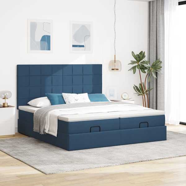 Voodiraam peatsiga koos 2 madratsiga, 2 voodiraami, sinine, 180 × 200 cm, kangas