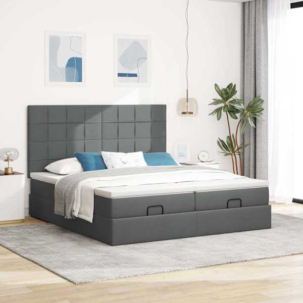 Voodiraam peatsiga koos 2 madratsiga, 2 voodiraami, tumehall, 200 × 200 cm, kangas — mudel 3313700