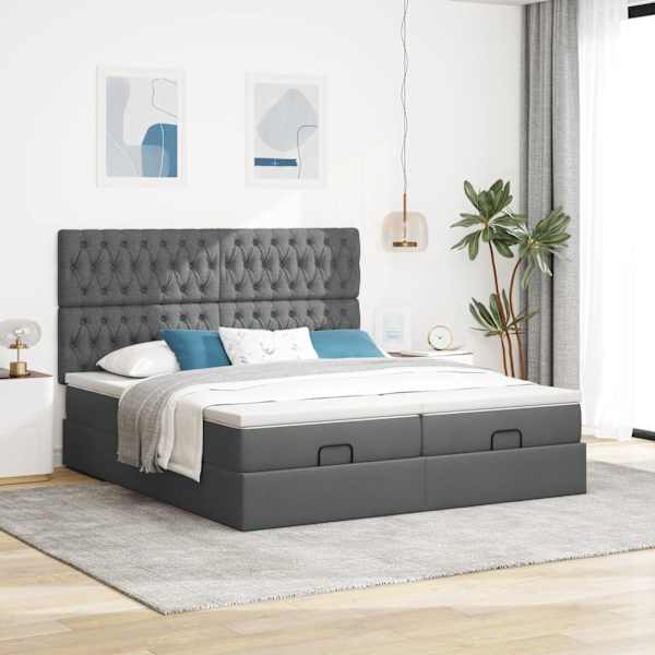 Voodiraam peatsiga koos 2 madratsiga, 2 voodiraami, tumehall, 180 × 200 cm, kangas — mudel 3313714
