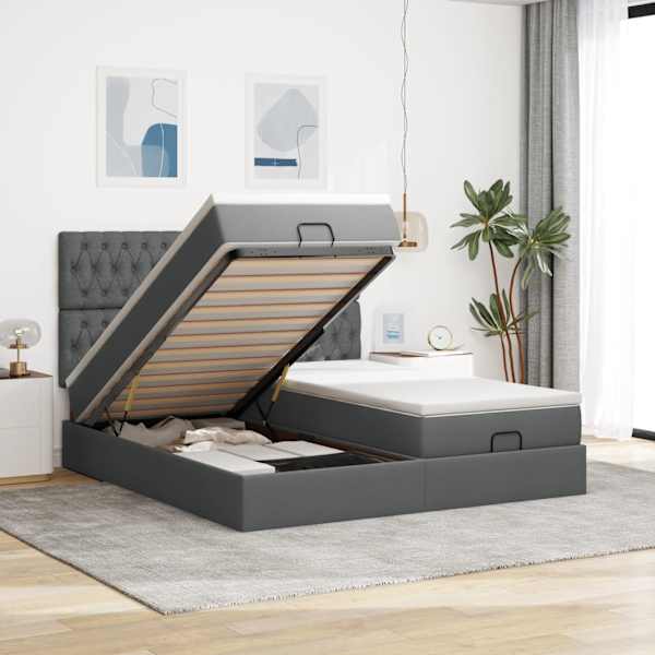 Voodiraam peatsiga koos 2 madratsiga, 2 voodiraami, tumehall, 180 × 200 cm, kangas — mudel 3313714