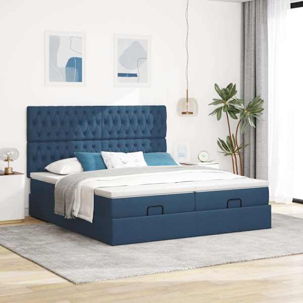 Voodiraam peatsiga koos 2 madratsiga, 2 voodiraami, sinine, 180 × 200 cm, kangas