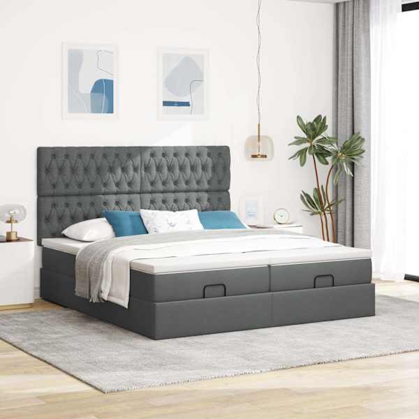 Voodiraam peatsiga koos 2 madratsiga, 2 voodiraami, tumehall, 200 × 200 cm, kangas — mudel 3313721