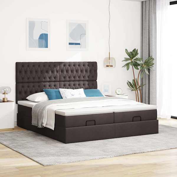 Voodiraam peatsiga koos 2 madratsiga, 2 voodiraami, tumepruun, 200 × 200 cm, kangas — mudel 3313723