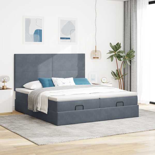 Voodiraam peatsiga koos 2 madratsiga, 2 voodiraami, tumehall, 160 × 200 cm, samet