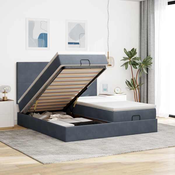 Voodiraam peatsiga koos 2 madratsiga, 2 voodiraami, tumehall, 160 × 200 cm, samet