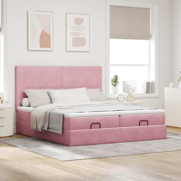 Voodiraam peatsiga koos 2 madratsiga, 2 voodiraami, roosa, 160 × 200 cm, samet