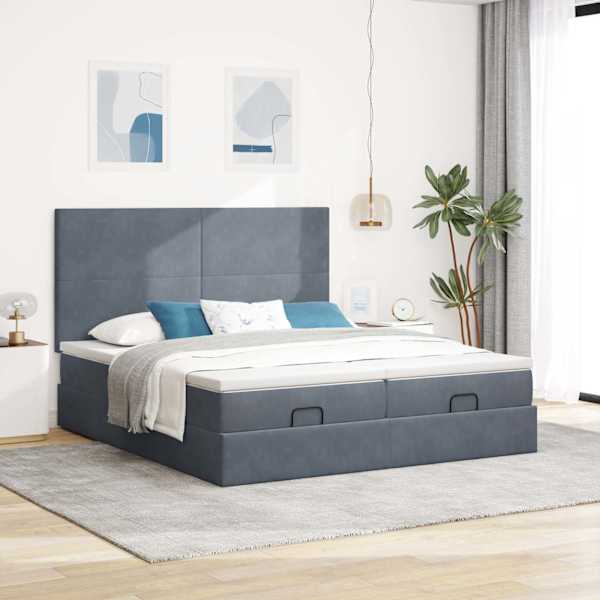 Voodiraam peatsiga koos 2 madratsiga, 2 voodiraami, tumehall, 180 × 200 cm, samet — mudel 3313755
